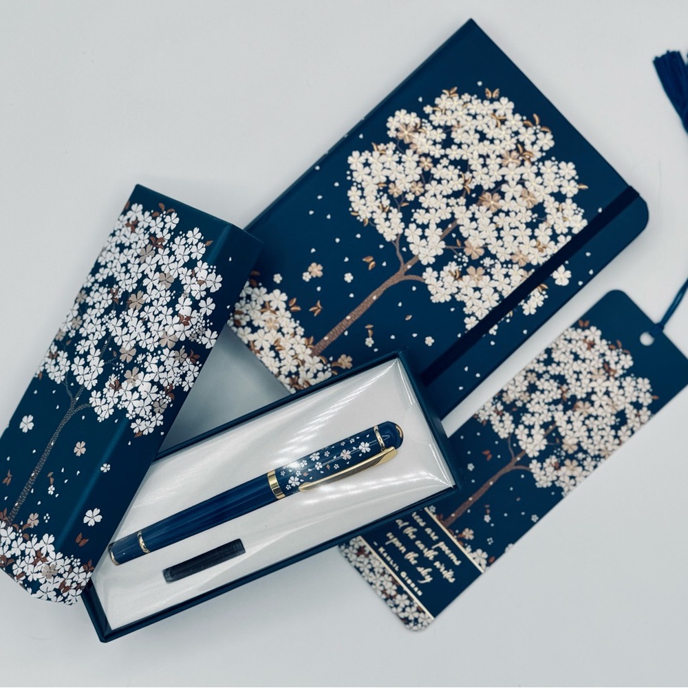 Navy Falling Blossoms Journal, Bookmark and Pen Set